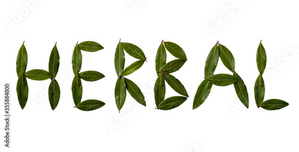 Fototapeta The inscription "herbal" collected from the leaves of laurel. Sweet bay (laurel, Laurus nobilis, Grecian laurel) fresh green leaves isolated on white.