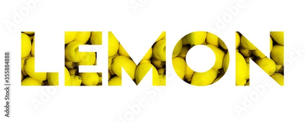 Fototapeta The yellow inscription "lemon" with lemons. Abstract lemon symbol isolated on white background.