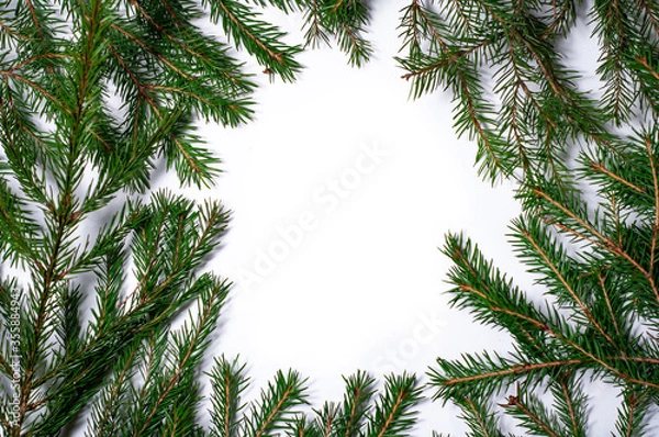 Fototapeta Spruce branches isolated on white background. Christmas template for your design.