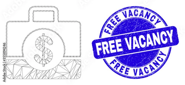Fototapeta Web mesh business case icon and Free Vacancy seal stamp. Blue vector round scratched seal stamp with Free Vacancy caption. Abstract carcass mesh polygonal model created from business case icon.