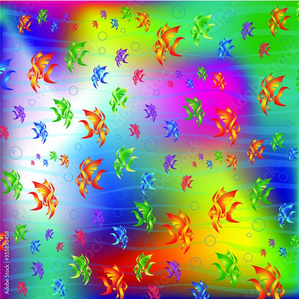 Fototapeta Colorful fish and bobbles on colorful backround. Vector illustration.