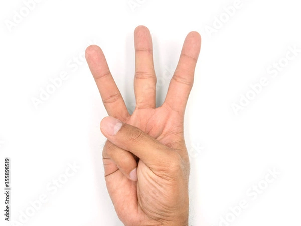 Obraz A hand showing three fingers isolated on white background with clipping path included.