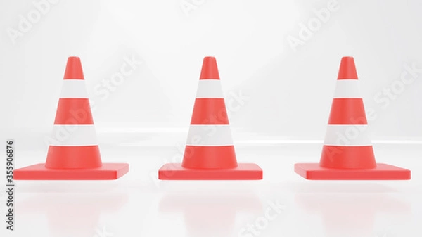Fototapeta Traffic cone  on reflective white background.3d render