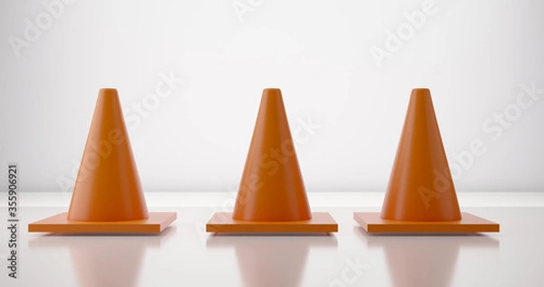 Fototapeta Orange traffic cone  on reflective white background.3d render