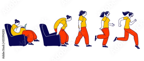 Obraz Weight Loss Concept. Fat Female Character Getting Up, Running and Become Thin Transformation. Stage by Stage of an Obese Woman Turning into Healthy Body by Running. Linear People Vector Illustration