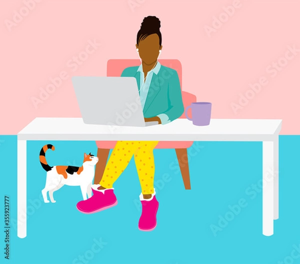 Fototapeta Work from home concept - woman in home office working on laptop looking professional on top and casual pajamas below