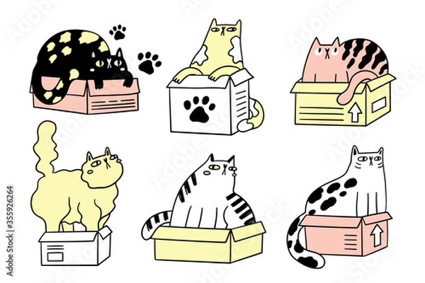 Obraz Collection of funny cats in boxes. Bundle of various cartoon cats isolated on white background. Hand drawn vector illustration