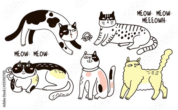 Obraz Collection of funny cats. Bundle of various cartoon cats isolated on white background. Hand drawn vector illustration