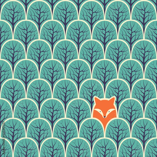 Obraz Fox in a forest seamless pattern. Vector design background.