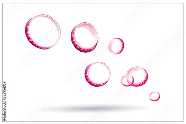 Fototapeta Vector onion rings.
Red onions, slices of onions.A scattering of ringlets onions on a white background.Isolated vector illustration.