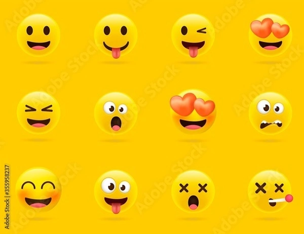 Obraz Cartoon emoji collection. Set of emoticons with different mood. 3d style vector illustration isolated on yellow background.