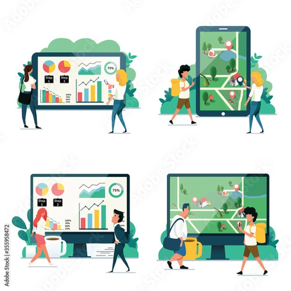 Obraz Modern vector illustration flat concepts decorated people characters. Set of social media marketing, business, travel, online shopping, and business project. 