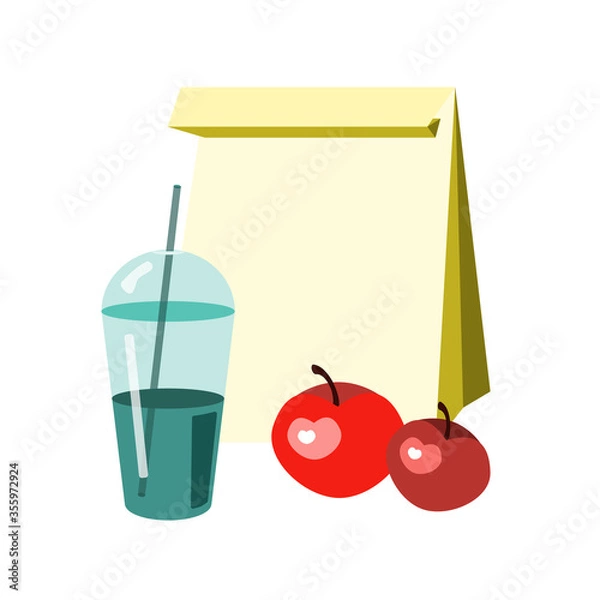 Obraz Lunchbox icon. Flat illustration of lunch in paper bag with juice and apples, vector icon for web
