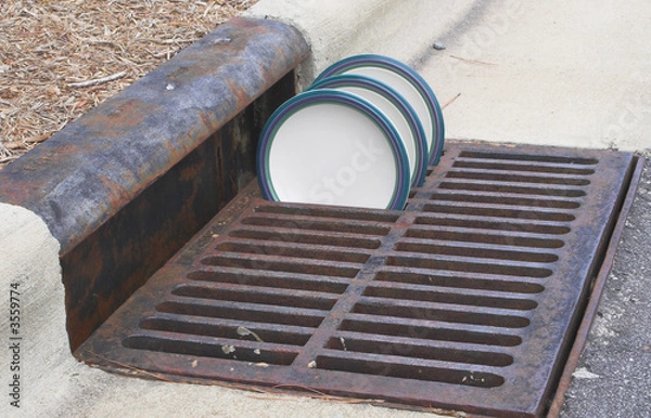 Fototapeta Plates drying in a storm drain grate.