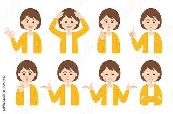 Fototapeta 若い女性のイラスト 表情 セット フラットデザイン