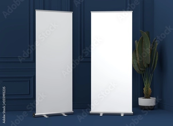 Obraz Roll Up Banner Stand Mockup in living room. 3D rendering.