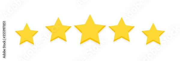 Fototapeta Five yellow stars, customer product rating customer review. Level rank icon for app, web, game. Appraisal in simple flat, cartoon style. Premium quality service. Isolated on white vector illustration