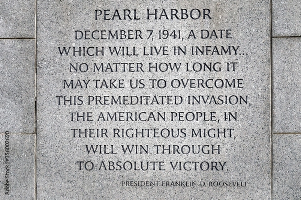 Obraz Inscription about Pearl Harbor on the World War II Memorial in Washington, D.C.