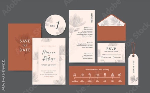 Fototapeta Set of Wedding Card template Background. For Invitation, menu, Thank you, Decoration with leaf & floral flower watercolor style. Timeline with icon thin style. Vector illustration. Brown Color
