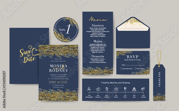 Fototapeta Set of Wedding Card template Background. For Invitation, menu, rsvn, thank you, Decoration with star bokeh blue background watercolor style. Timeline with icon thin style. Vector illustration.