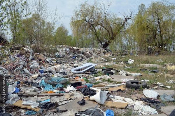 Fototapeta Spring landscape.Ecology of Ukraine. Nature near Ukrainian capital. Environmental contamination. Illegal junk dump. . Kiev,Ukraine