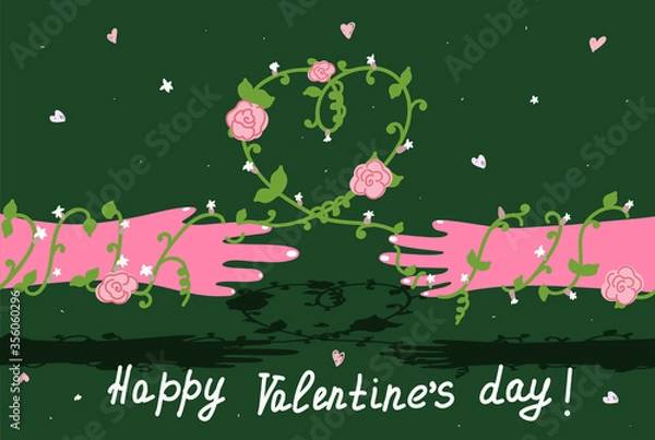 Fototapeta Hands of people in love stretch towards each other. A climbing plant wraps around two hands and weaves in the shape of a heart. Concept: love, deprivation, gender neutrality, Valentine's day, feelings
