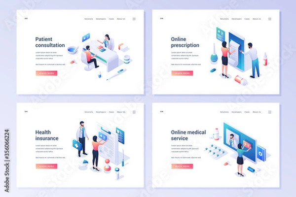 Fototapeta Isometric banners for health care and medical online services