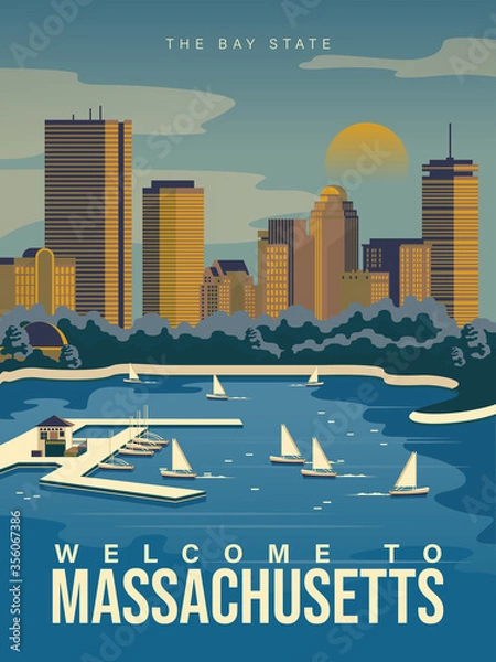Obraz Massachusetts jest na plakacie turystycznym. Vintage latarnia morska. Wschodni stan USA. Okolice Bostonu. Karta do druku dla turystów w stylu vintage i retro