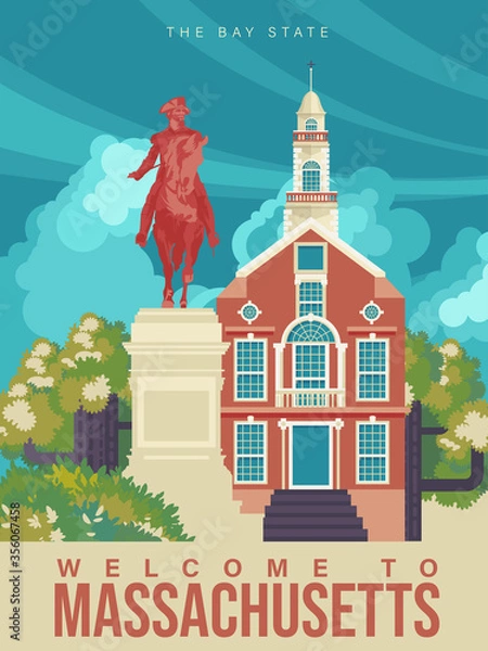 Obraz Massachusetts is on a tourist poster. Vintage lighthouse. The east state of the US. Boston area. Printable card for tourists in vintage and retro style