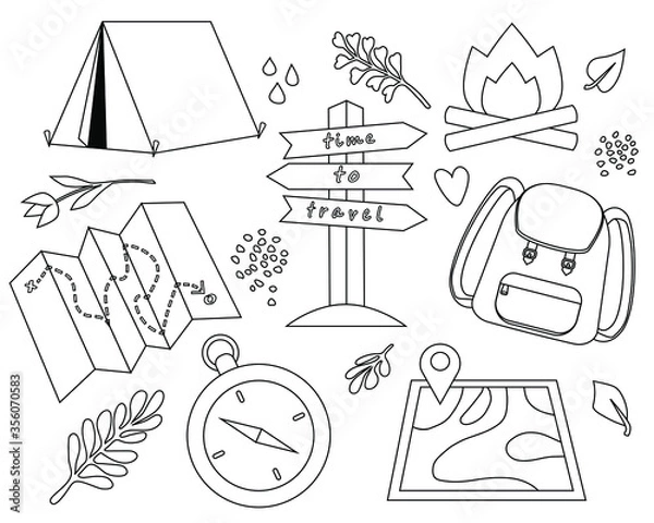 Fototapeta Set of travel icons and elements on a white background, hiking and camping. Vector illustration  in black outline. Summer elements for greeting cards, posters, stickers, seasonal design, coloring book