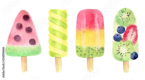 Fototapeta А bright watercolor illustration of fruit ice cream.  A set of four elements on a white background. 