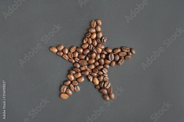 Fototapeta Fresh coffee beans on the grey table background. Star shape. 