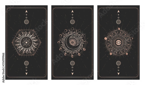 Fototapeta Vector set of three dark illustrations with sacred geometry symbols, grunge textures and frames. Images in black and gold colors. 