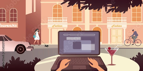 Fototapeta Writing Program in a downtown cafe. Illustration showing the advantage of remote work and our ability to travel and learn anywhere. Vector layout for landing page or flat design advertising banner.