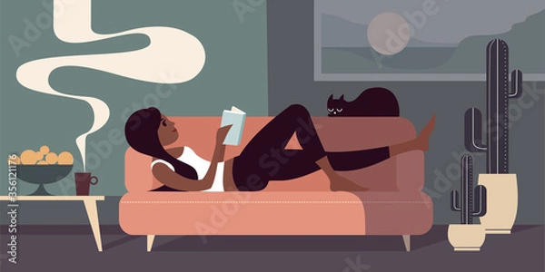Fototapeta A young girl lies on a sofa with a book and a black cat. Fruit in a vase  and cup of coffee near on the table. Flat graphics vector illustration.