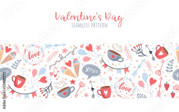 Fototapeta Decorative romantic seamless pattern, valentines day frame. Cute hand drawn elements, greeting card design.