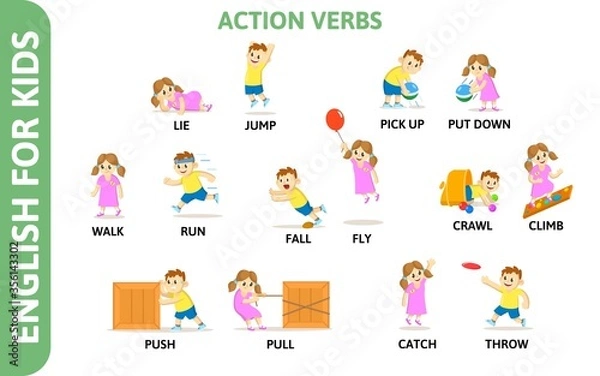 Fototapeta English for kids playcard. Action verbs with playing characters. Word card for english language learning. Colorful flat vector illustration.