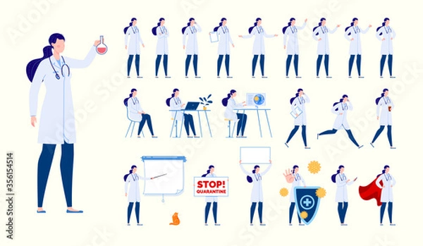 Fototapeta Doctor character creation set with various poses and gestures. Isolated. female doctor.