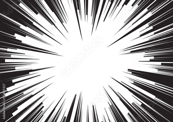 Fototapeta Background of radial lines for comic books. Manga speed frame, superhero action, explosion background. Black and white vector illustration