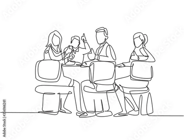 Fototapeta One line drawing of young happy businessmen and businesswoman meeting and giving thumbs up gesture. Business presentation concept. Continuous line draw design vector illustration