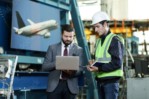 Fototapeta Portrait of a solid businessman with laptop and factory engineer controlling work process in a airplane manufactory. 