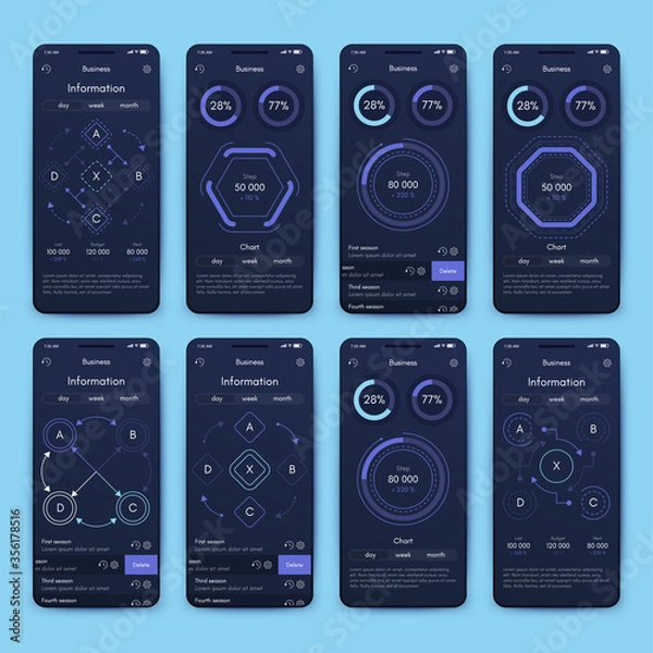 Fototapeta Modern infographic vector elements for business brochures. Use in website, mobile design, advertising and marketing. Pie charts, line graphs, bar graphs and timelines.