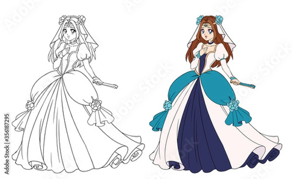 Fototapeta Beautiful fantasy anime princess wearing tiara and gown dress.