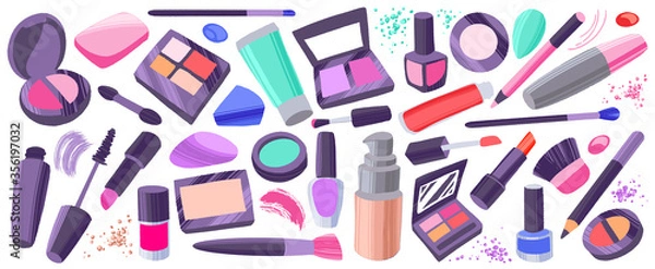 Obraz Makeup items set. Hand drawn colorful cosmetic elements.