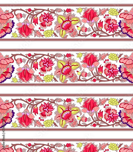 Fototapeta seamless pattern with bright orange and beige paisley and swirls on a light turquoise background