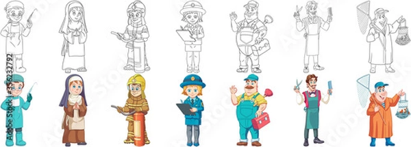 Fototapeta Coloring pages. Cartoon clipart set for kids activity coloring book, t shirt print, icon, logo, label, patch or sticker. Vector illustrations.