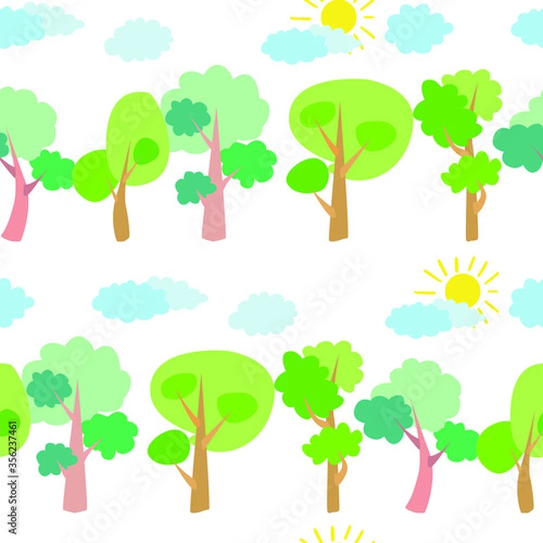 Obraz Seamless vector pattern of children's drawing. House, clouds, trees. Line vector drawing. Drawn by a child. Suitable for children's room decoration, fabric, decor. Doodle style.