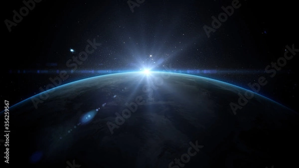 Fototapeta Sunrise over earth as seen from space. With stars background. 3d rendering