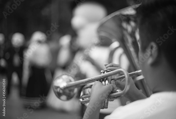 Obraz Black and white close up of a trumpet being played by a musician 