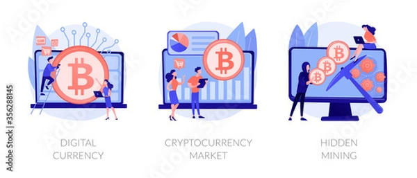 Fototapeta Blockchain technology. Cyber banking space procedures. Ecurrency transactions. Digital currency, cryptocurrency market, hidden mining metaphors. Vector isolated concept metaphor illustrations